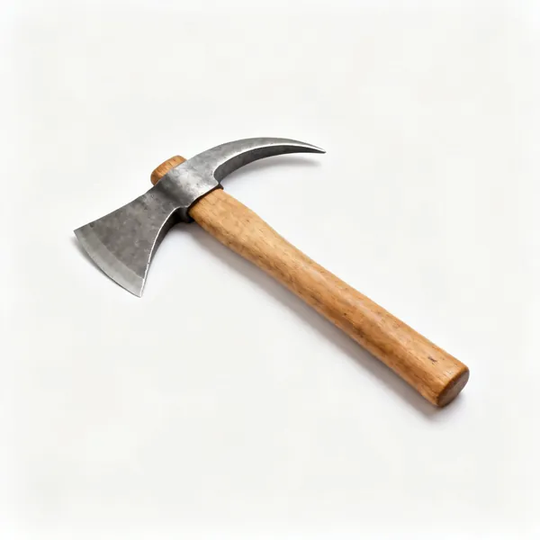 An adze with a curved steel blade mounted crosswise on a short wooden handle