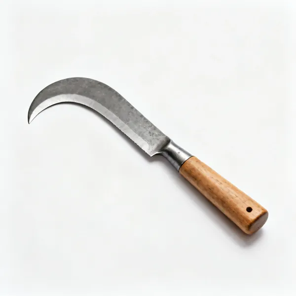 A billhook with a heavy curved hooked steel blade and short wooden handle
