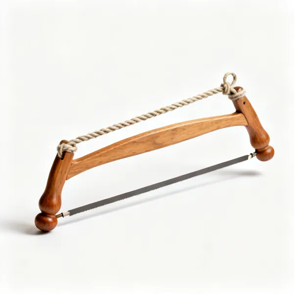 A wooden turning bow saw with a twisted cord tensioner, two turned handles and narrow blade