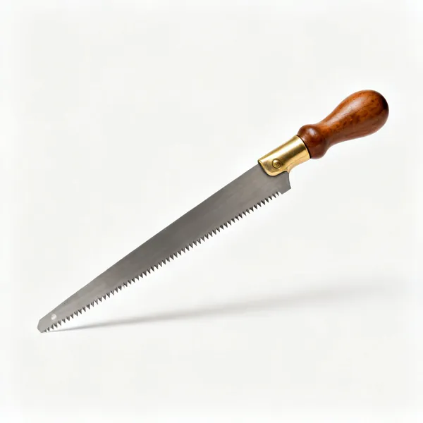A dovetail saw with a small turned wooden handle, brass back and very fine teeth