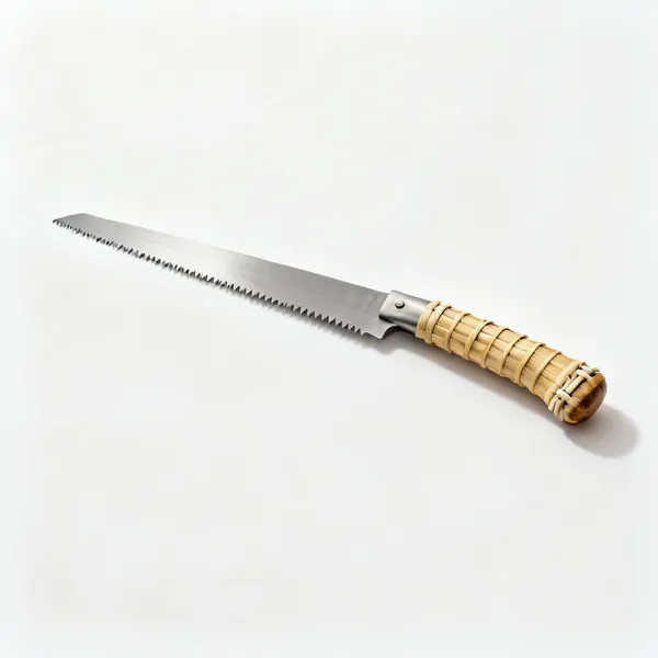 A japanese dozuki saw with a rattan wrapped handle, reinforced spine and very fine teeth