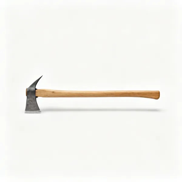 A felling axe with a long straight wooden handle and a thin sharp steel head