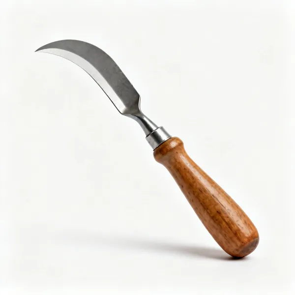 A firmer gouge with a curved hollow steel blade and turned wooden handle