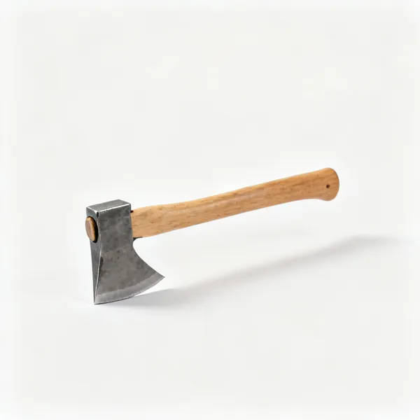 A hatchet with a short wooden handle and a compact sharp steel head
