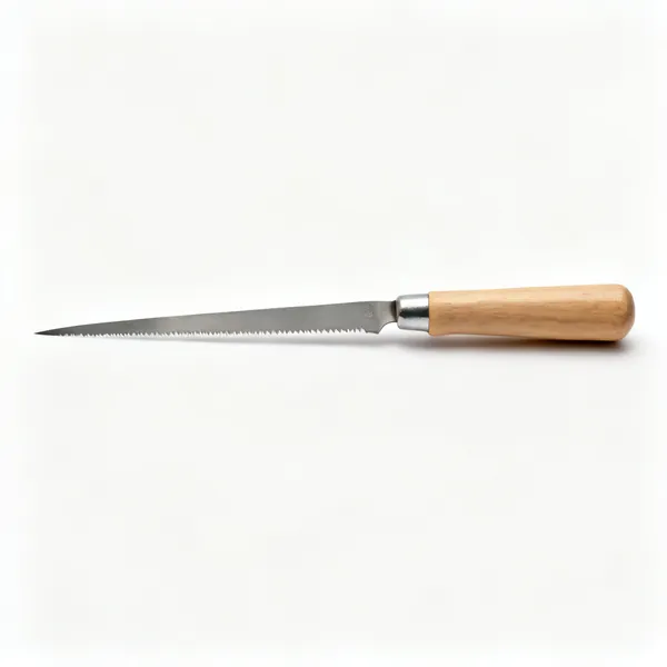 A keyhole saw with a narrow tapering pointed blade and a straight wooden handle