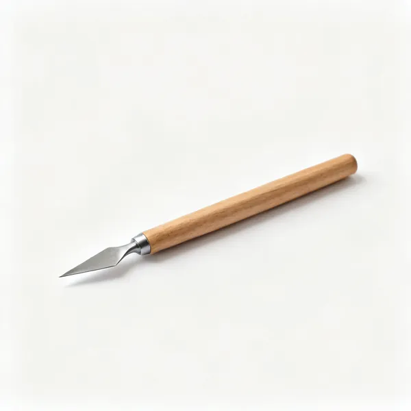 A marking knife with a small single bevel pointed steel blade and slim wooden handle