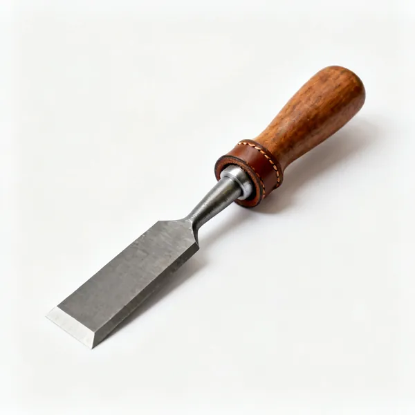 A mortise chisel with a very thick square section blade, leather washer and heavy wooden handle