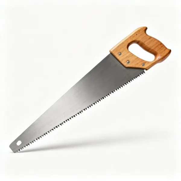 A wooden handled panel saw with a straight steel blade and fine crosscut teeth