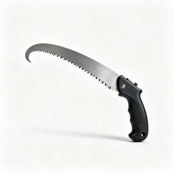 A curved pruning saw with a hooked blade, coarse teeth and a moulded pistol grip handle