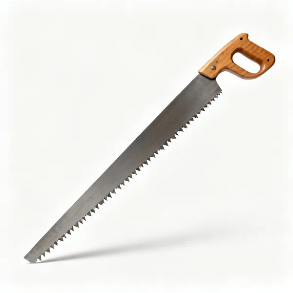 A long rip saw with a wooden handle and coarse large chisel shaped teeth