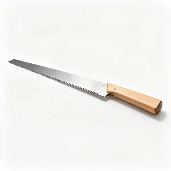 A japanese ryoba saw with a long straight wooden handle and double edged blade with teeth on both sides