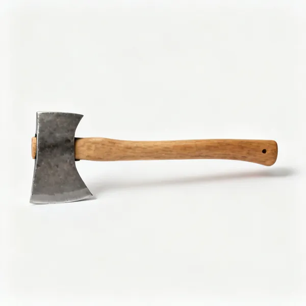A side axe with a wide flat single bevelled steel head and short offset wooden handle