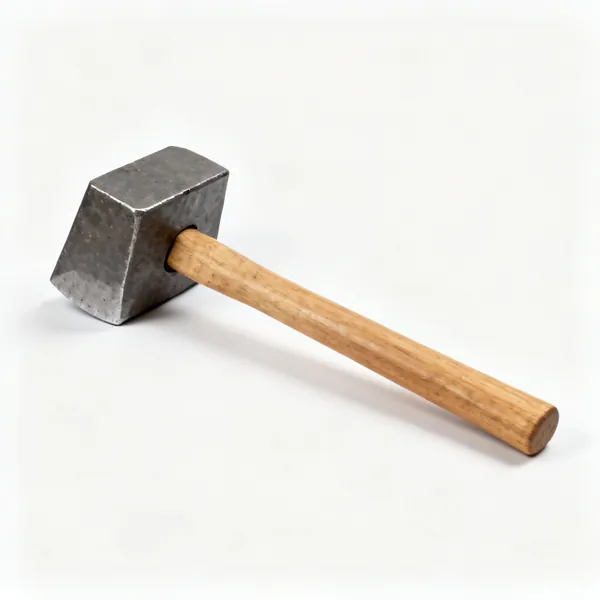 A splitting maul with a heavy blunt wedge shaped steel head and long wooden handle