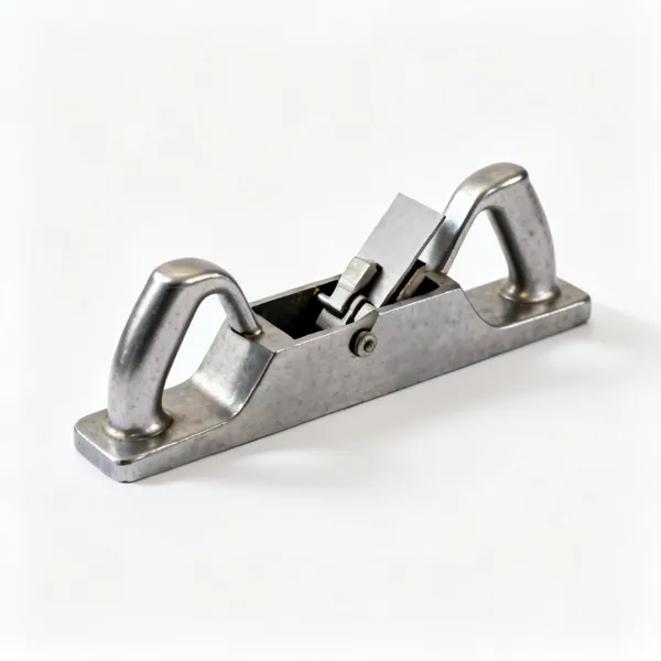 A metal spokeshave with two side handles, a flat sole and adjustable blade
