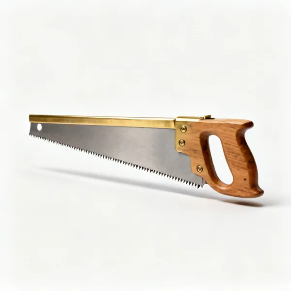 A tenon saw with a brass reinforced back spine, wooden handle and fine teeth