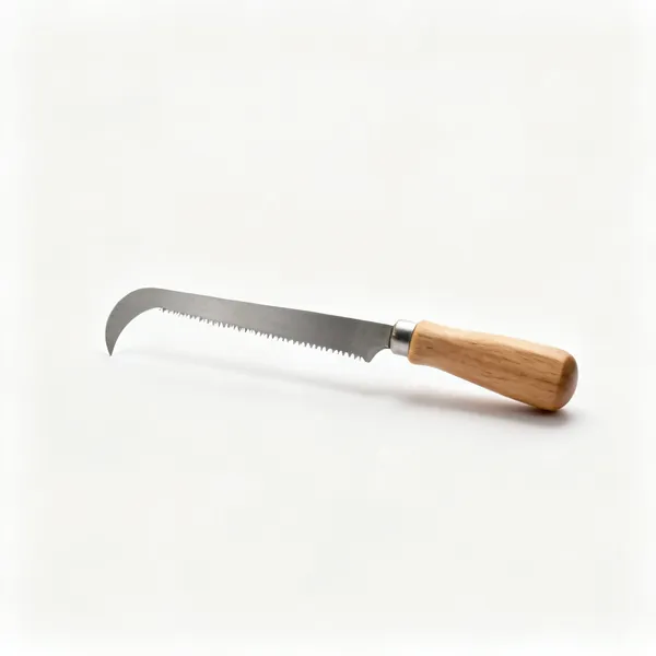 A veneer saw with a small curved double edged blade and short offset wooden handle