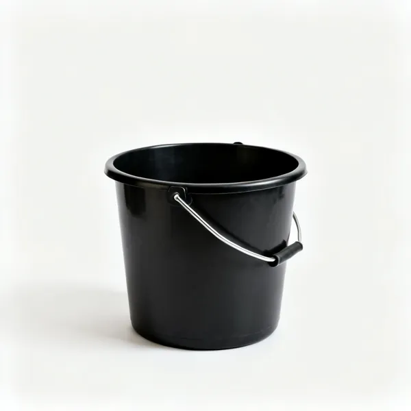 Builder's bucket: A black plastic builders bucket with a steel handle