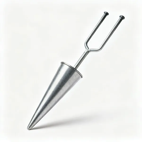 A long handled bulb planter with a tapered steel cylinder and two upright handles