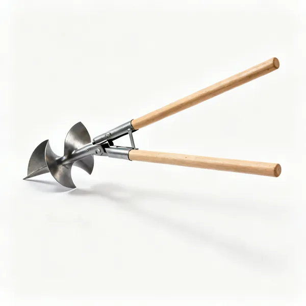 A clamshell post hole digger with two hinged curved steel blades and two long wooden handles