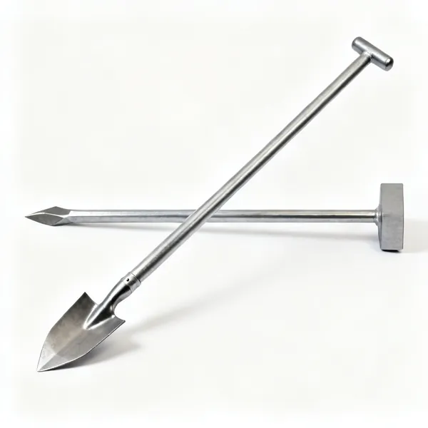 A long solid steel digging bar with a chisel point at one end and a flat tamping head at the other