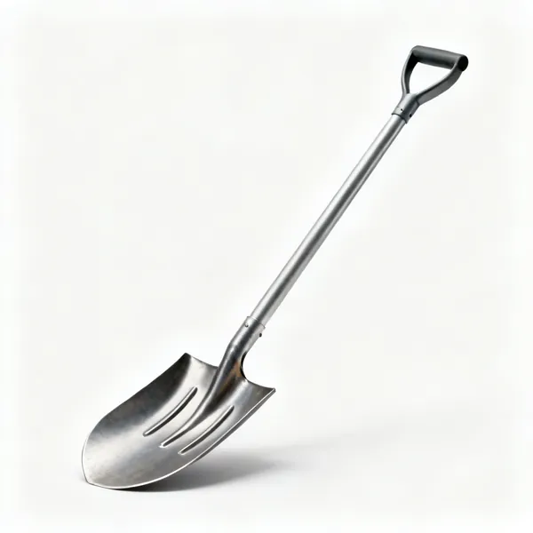 A drainage shovel with a long narrow curved steel blade with raised sides and a long shaft