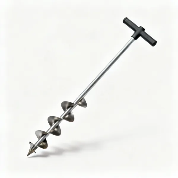A hand earth auger with a helical spiral steel blade and a T shaped cross handle