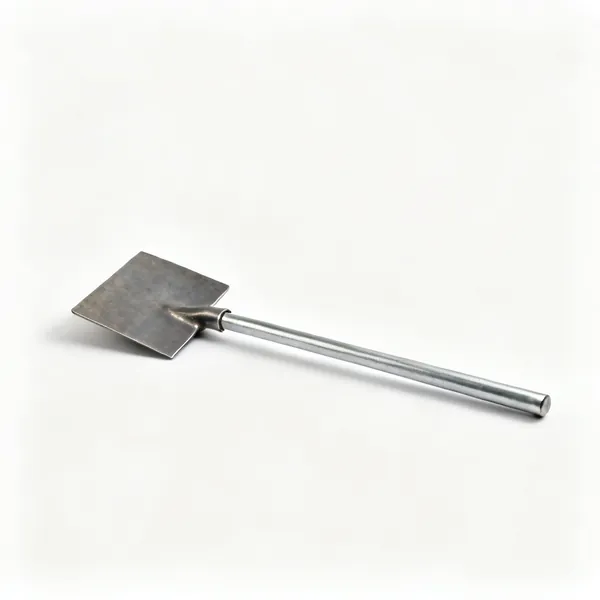 An earth tamper with a heavy square flat steel plate on a long straight metal shaft