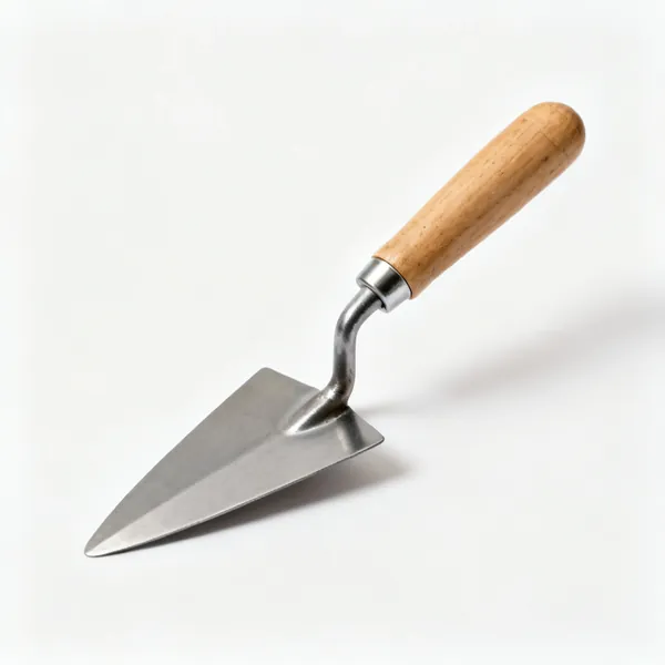A small pointed gauging trowel with a steel blade and a wooden handle
