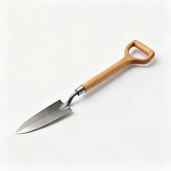 A grafting spade with a long narrow dished steel blade and a wooden shaft with a D handle