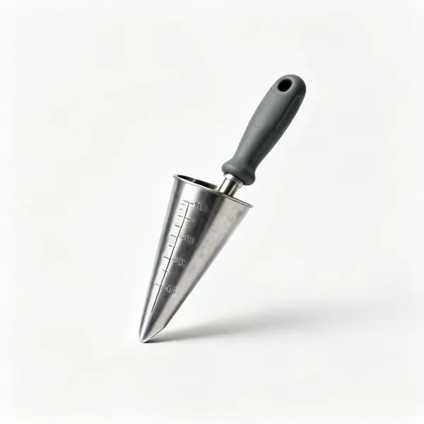 A hand bulb planter, a short tapered steel cylinder with depth markings and a moulded handle