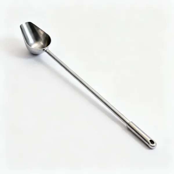 A long handled hole scoop with a narrow deep steel cup on a straight metal shaft
