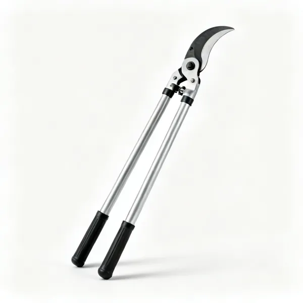 Root loppers: A pair of long handled bypass loppers with two tubular handles and a curved cutting head