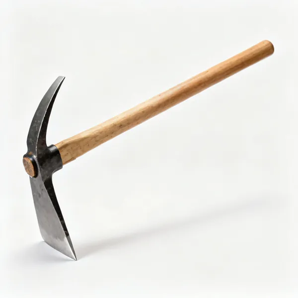 A pick mattock with a broad adze blade one side and a sharp point the other on a wooden handle