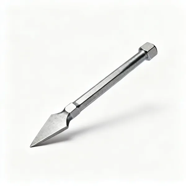A steel pinch point bar with a flattened chisel wedge tip and a hexagonal shaft