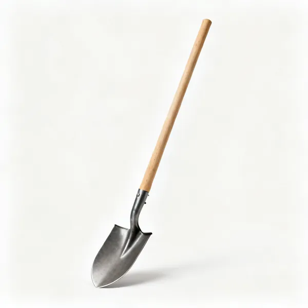 A post hole spade with a long narrow curved steel blade and a long wooden shaft