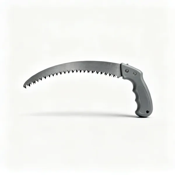 A curved root saw with coarse aggressive teeth and a moulded plastic handle
