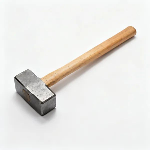 A sledgehammer with a heavy rectangular steel head and a long wooden handle