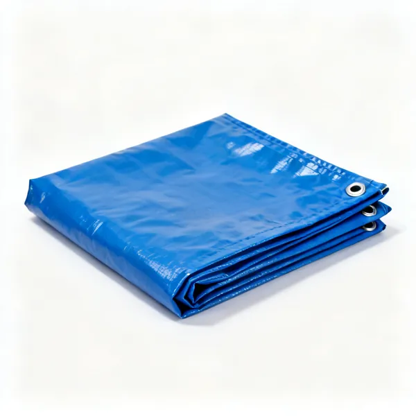 Spoil sheet: A folded blue polypropylene tarpaulin sheet with reinforced eyelets