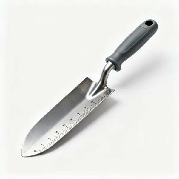 A narrow transplanting trowel with a long deep steel blade with depth markings and a moulded handle