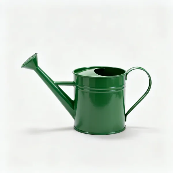 A green metal watering can with a long spout and a curved handle