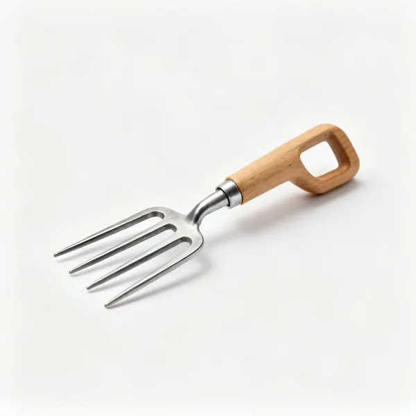A small border fork with four short steel tines and a short wooden shaft with a D handle