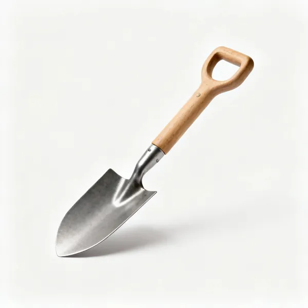 A small border spade with a narrow flat steel blade and a short wooden shaft with a D handle