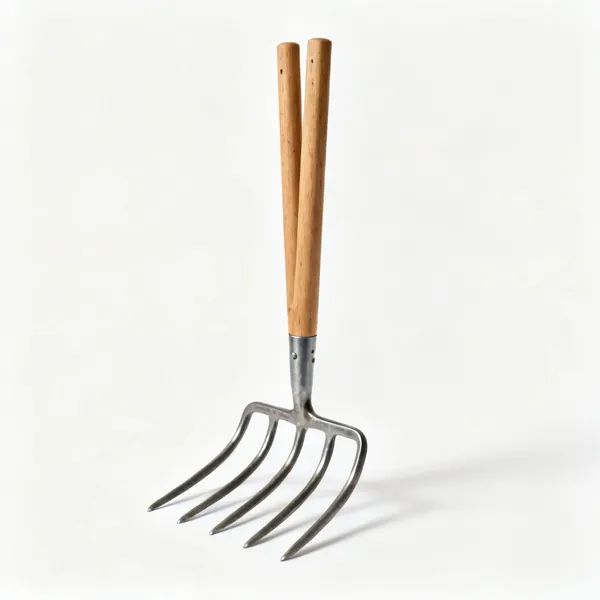 A broadfork with a wide head of five long steel tines and two tall upright wooden handles