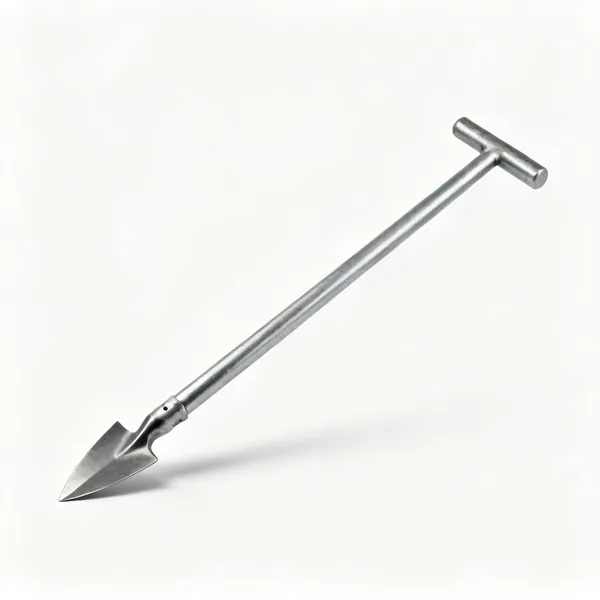 A long solid steel digging bar with a chisel point at one end and a flat tamping end at the other