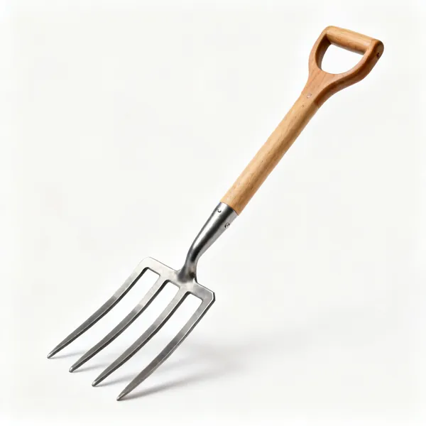 A garden digging fork with four square section steel tines and a wooden shaft with a D handle