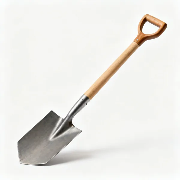 A garden digging spade with a flat rectangular steel blade and a wooden shaft with a D handle