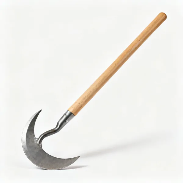 A garden edging iron with a half moon crescent shaped steel blade and a wooden shaft