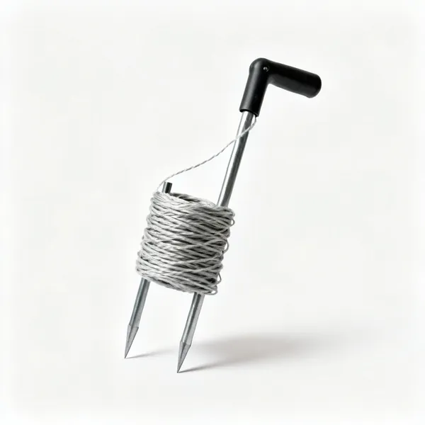 A garden line with a length of string wound on two pointed metal pegs