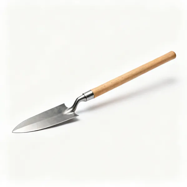 A grafting spade with a long narrow slightly curved steel blade and a wooden shaft
