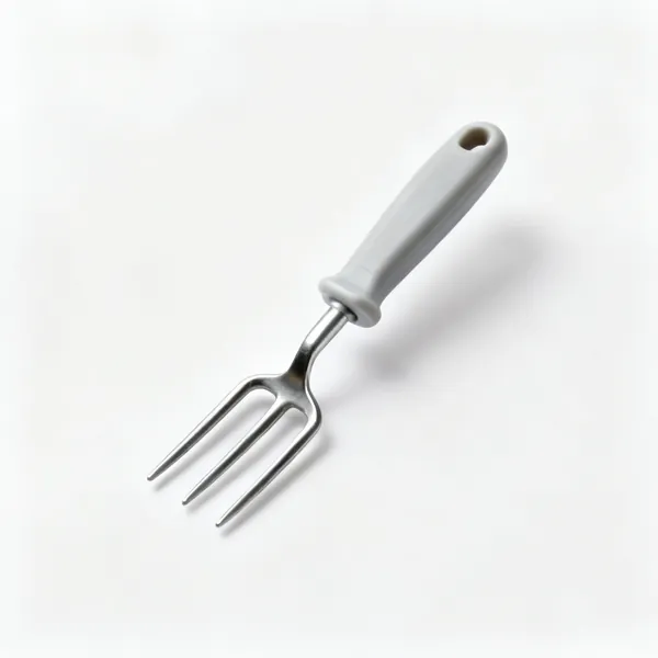 A small hand fork with three short steel tines and a moulded plastic handle